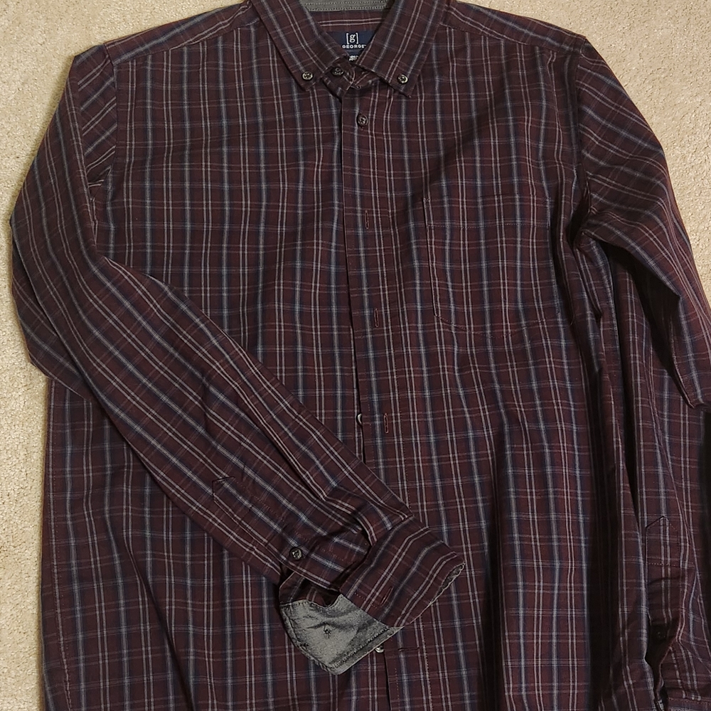 George Men's Burgundy and Navy Plaid Shirt